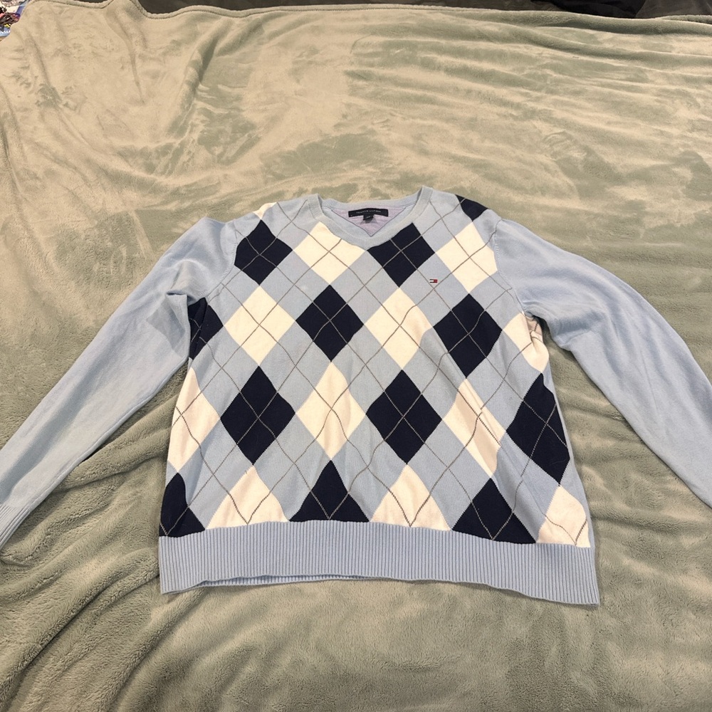 Tommy Hilfiger V-Neck Argyle Sweater - Light Blue and Navy